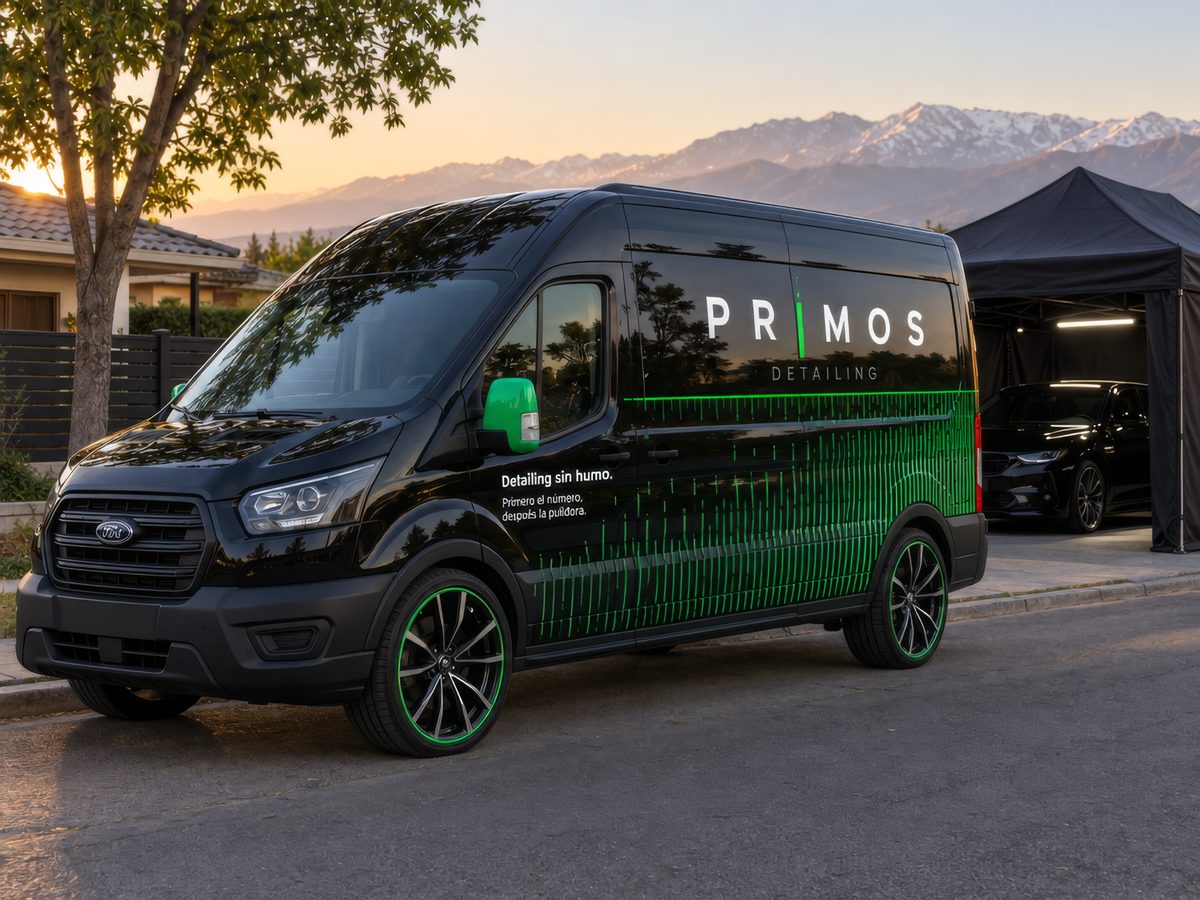 El furgón de Primos Detailing estacionado frente a una casa de Talca, con la carpa montada al lado y un auto oscuro dentro